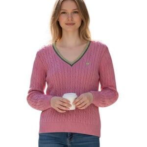 Lily Pulitzer Women’s 100% Cotton Pink Cable Knit V-Neck Sweater